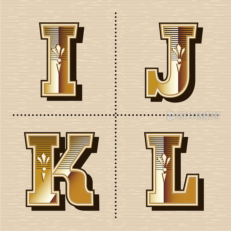 复古西方字母字体设计矢量插图(i, j, k, l)